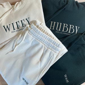 Personalised Embroidered Tracksuit Set of 2 Custom Wifey Hubby Couples Matching Sweatshirt, Anniversary Present for Him, Engagement Gift image 1