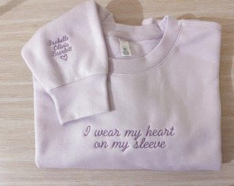 Personalised I Wear My Heart On My Sleeve Embroidered Hoodie, Custom Kids Names Sweatshirt Embroidery, Mothers Day Gift, Unique Gift for Mum