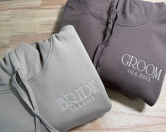 Personalised Embroidered Hoodie Set of 2 Custom wedding date Bride & Groom Couples Matching Sweatshirt, engagement gift for him, mr and mrs