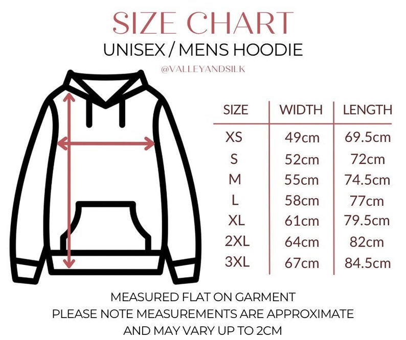 Pode incluir: Tabela de tamanhos para um moletom unisex com medidas em cent&iacute;metros para largura e comprimento. Os tamanhos incluem XS, S, M, L, XL, 2XL e 3XL.
