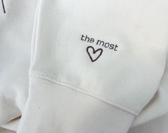 Personalised Cuff Embroidered Sweatshirt Custom Text Hoodie Machine Embroidery, anniversary present for him, Valentine’s Day gift