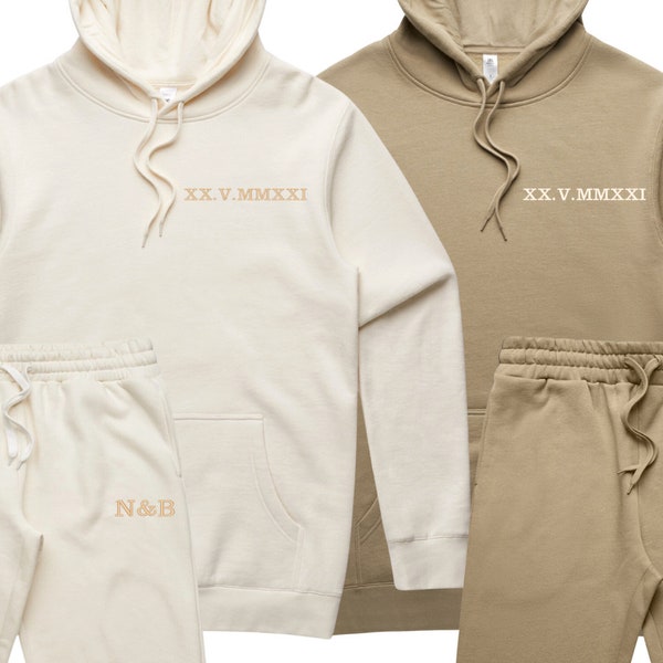 Personalised Embroidered Tracksuit Set of 2 Custom Roman Numeral Couples Matching Sweatshirt Anniversary Present for Him, Boyfriend Hoodies