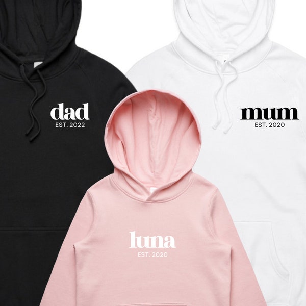 Dad, Mum & kids family set of matching sweatshirts, baby name jumper, custom Father’s Day gift, daddy's girl, kids personalised hoodie