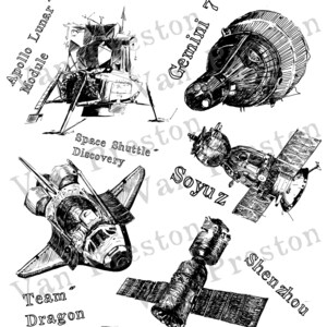 7 downloadbare illustraties voor ruimtevluchten die kunnen worden afgedrukt. Shuttle, Apollo, maanlanding, Sojoez etc tekeningen, clip art, collage, inkleuren etc.