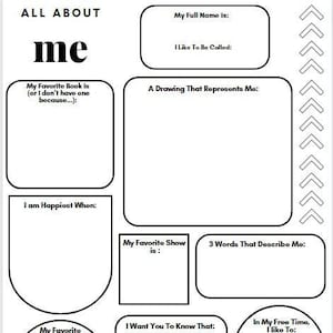 May include: A printable worksheet with the title "All About Me" and prompts for self-reflection, including "My Full Name is:", "I Like To Be Called:", "My Favorite Book is:", "A Drawing That Represents Me:", "I am Happiest When:", "My Favorite Show is:", "3 Words That Describe Me:", "My Favorite Thing About Myself Is:", "I Want You To Know That:", and "In My Free Time, I Like To:".
