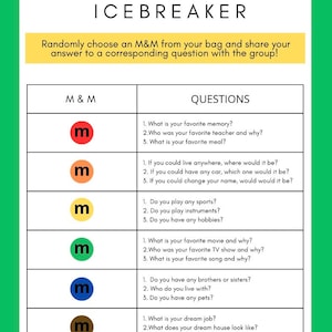 Może przedstawiać: Drukowana gra M&M łamiąca lody z pytaniami dla każdego koloru M&M. Pytania obejmują takie tematy jak ulubione wspomnienia, ulubieni nauczyciele, ulubione posiłki, wymarzone prace i wymarzone wakacje.