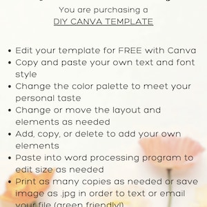 May include: A white background with a pink flower and green stem. The text "Mija Bonita Designs" is in black at the top of the image. The text "You are purchasing a DIY CANVA TEMPLATE" is in black below the title. A list of bullet points describes how to use the template.