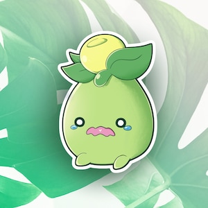 May include: A green cartoon character with a yellow head and a sad expression. The character has large eyes, a small mouth, and two small arms and legs. The character is drawn in a simple, cartoon style.