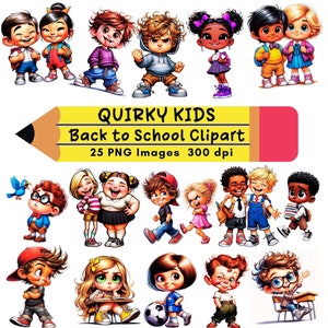 Clipart original d'enfants de l'école pour la rentrée PNG Multiculturel mignons garçons filles lunatique Clip Art 25 Illustrations haute résolution en téléchargement numérique