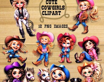 May include: A digital illustration featuring 12 PNG images of cute cowgirls. The cowgirls are depicted in various poses, wearing cowboy hats, boots, and western attire. The text "CUTE COWGIRLS CLIPART" and "12 PNG IMAGES" are also visible.