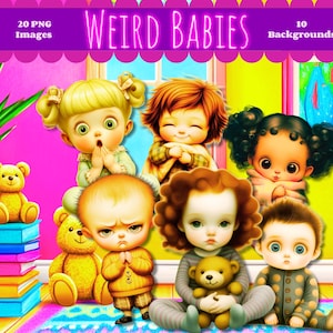 Bizarre bébé original cliparts bébés mignons fantaisistes arrière-plans Clipart art autocollants Junk Journal Scrapbook PNG JPG téléchargement numérique
