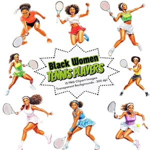 Tennis femme noire Clipart Afro Girl tennis joueurs femmes afro-américaines athlètes sports Clip Art PNG en téléchargement numérique