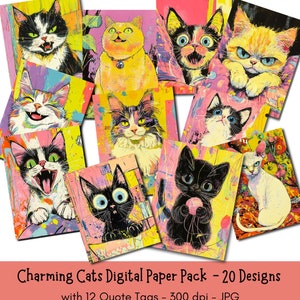 Quirky Cats Junk Journal Printable Papers Scrapbook Backgrounds Collage Fodder Quote Tags Digital Download