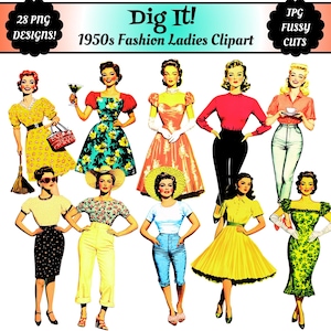1950s Fashion Ladies Clipart: Retro Housewife PNG JPG Stickers (Digital Download)