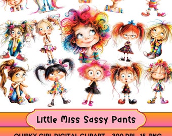 Quirky Girls Clipart: Whimsical PNG Stickers (Digital Download)