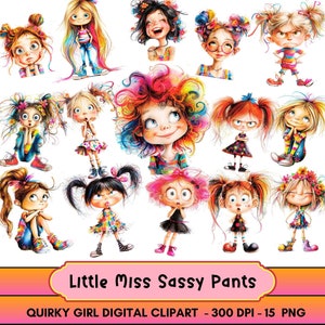 Whimsical Girls Clipart, Quirky Girl Clip Art, Cute Fussy Cuts, Digital Clipart, Digital Download, Sassy Pants, PNG transparent background