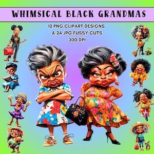 Zwarte oma clipart grillige Afro-Amerikaanse oude dames eigenzinnige gekke grootmoeder ongewenste dagboek plakboekkaarten PNG JPG digitale download