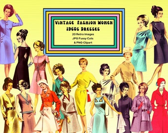 1960s Fashion Clipart: Retro Women Illustrations (Digital Download)