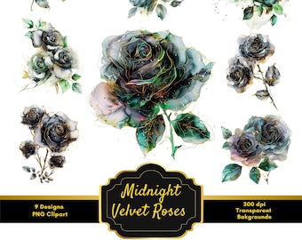 Black Roses Clipart: Gothic Watercolor Floral PNG (Digital Download)