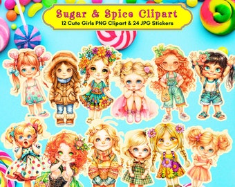 Whimsical Girls Clipart Stickers, Planner Embellishments (Digital Download)