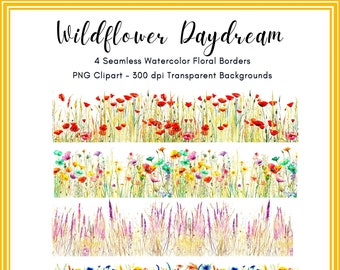 Wildflower Borders Watercolor Poppy Marigold Seamless Border Frames Floral Wedding PNG Digital Download