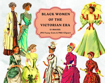 Black Women Victorian Fashion Clipart Vintage Afro American Woman PNG Transparent Printable Fussy Cuts Scrapbook Journal Digital Download