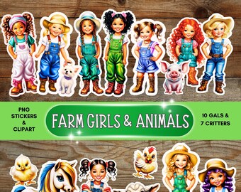 Farm Girls Clipart Stickers, Whimsical Farm Animals PNG Digital Download