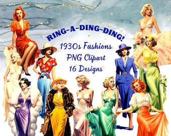1930s Fashion Clipart: Retro Women, Art Deco Dresses (PNG Digital Download)