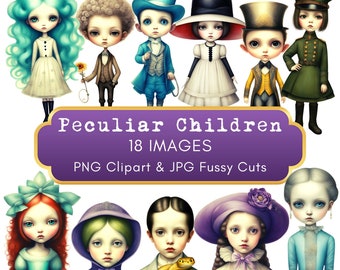 Peculiar Children Whimsical Art Clipart Paper Dolls Quirky Kids Stickers Printable Scrapbook Journal PNG JPG Digital Download