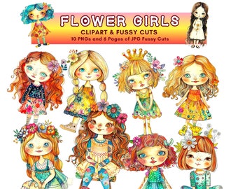 Whimsical Flower Girls Clipart Cute Girl Stickers Fussy Cuts Junk Journal Scrapbook PNG JPG Digital Download