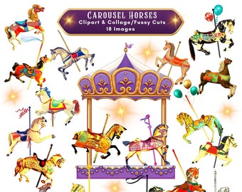 May include: A set of 18 digital images featuring carousel horses. The horses are in various poses and colors, including gold, white, brown, and black. The images are perfect for crafting projects, scrapbooking, and digital design.
