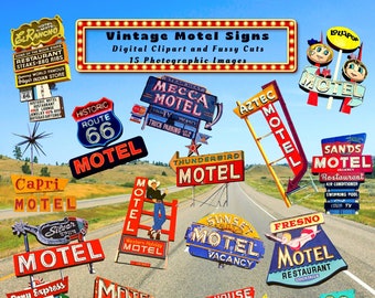 Motel Signs Retro Vintage Clipart Fussy Cuts Travel Ephemera Route 66 Scrapbook Junk Journal Digital Download PNG JPG