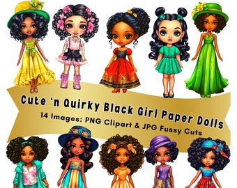 Cute Black Girl Whimsical Dolls Clipart African American Clip Art Printable Journal PNG JPG Digital Download