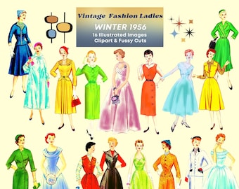 1950s Fashion Clipart: Vintage Ladies in Winter Dresses (Digital Download)