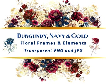 Burgundy Navy Floral Frames: Watercolor Flower Clipart (Digital Download)
