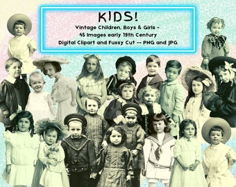 Vintage Kids Clipart: 19th Century Retro Children Paper Dolls  Digital Download