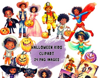 Black Kids Halloween Clipart Watercolor African American Children Scary Costumes Printable Digital Download Scrapbook Journal PNG