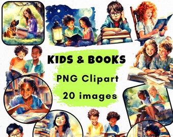 Kids Reading Books Watercolor Clipart: Back to School PNG (Digital Download)
