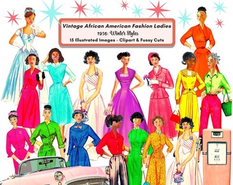 1950s Black Fashion Ladies Clipart Retro Black Women Fussy Cuts African American Vintage  Printable  PNG Clip Art Digital Download