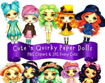 Quirky Girls Paper Dolls Clipart, Junk Journal Printable (PNG JPG Digital Download)
