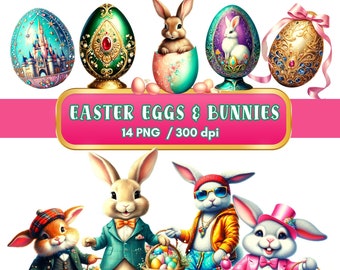 Clipart de Pascua, hermosos huevos adornados, divertido conejito, primavera, efímera PNG, descarga digital