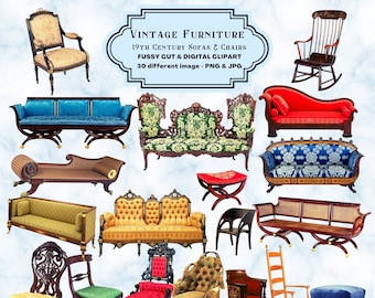 Vintage 19th Century Furniture Clipart: Antique Sofa & Chair Images (PNG JPG Digital Download)