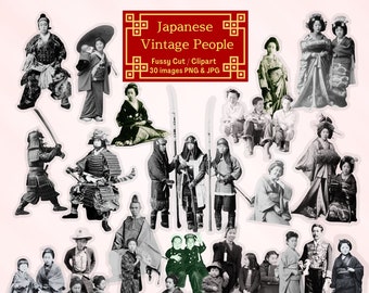 Imágenes prediseñadas de personajes japoneses vintage: Geishas y samuráis (descarga digital PNG JPG)