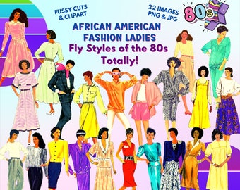 80s Fashion Ladies Clipart: African American Retro Style (Digital Download)