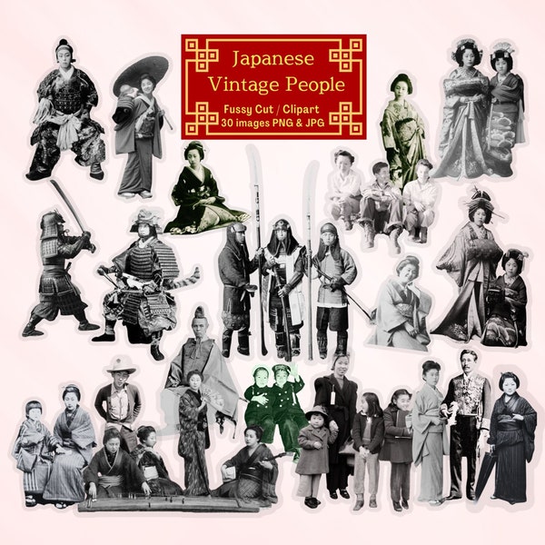 Japanese Vintage People Fussy Cut & Digital Clipart Geisha Samurai Ephemera Scrapbook Journal PNG JPG Instant Download
