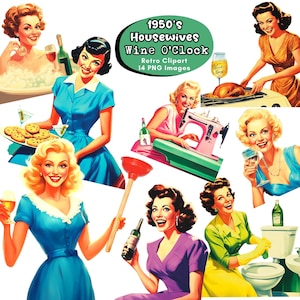 Retro Housewives Wine O'Clock Clipart jaren 50 Vintage vrouwen drinken grappige PNG afdrukbare en digitale download Scrapbook Journal PNG