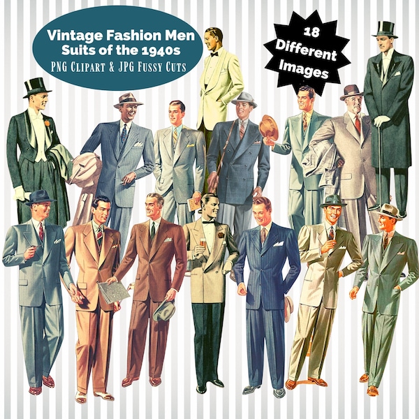 1940s Fashion Men Clipart Vintage Suits Transparent PNG & Printable JPG Fussy Cuts Ephemera Scrapbook Junk Journal Digital Download