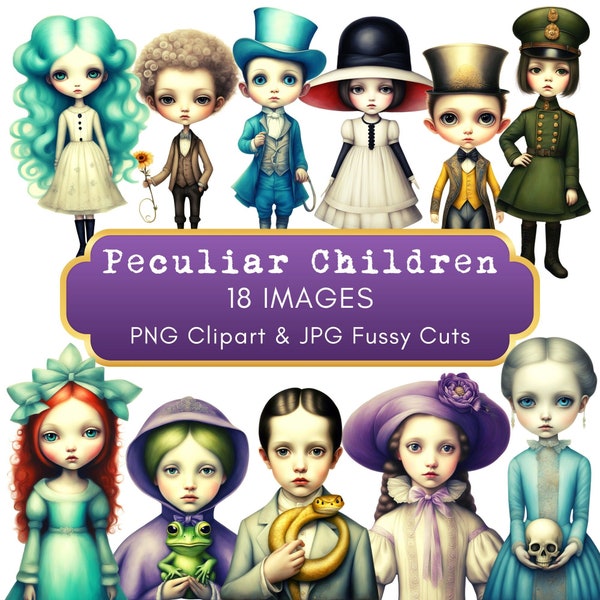 Peculiar Children Whimsical Art Clipart Paper Dolls Quirky Kids Stickers Printable Scrapbook Journal PNG JPG Digital Download