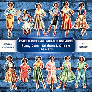 Zwarte vrouwen clipart jaren 1950 mode Afro-Amerikaanse dames retro huisvrouwen afdrukbare stickers Cricut digitale download