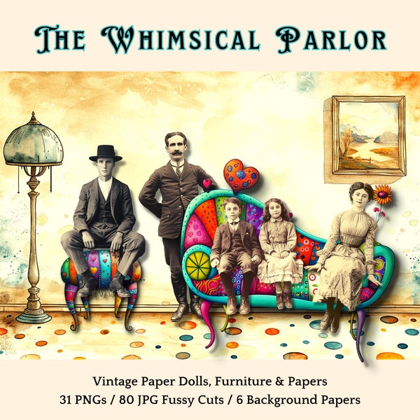 Whimsical Paper Dolls Clipart Vintage People Mixed Media Clip Art Victorian Parlor Printable Fussy Cuts PNG JPG Digital Download